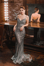 JaneVini Luxury Gray Mermaid Evening Dresses Spaghetti Straps Sparkle Heavy Beading Backless Tulle Long Dress Meerjungfrau Kleid 2024 - buy cheap
