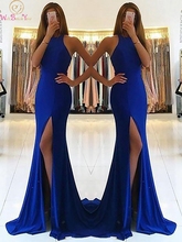 Royal Blue Evening Dresses 2021 Mermaid Sleeveless Halter Neck Robe De Soiree Long Floor Length Split Satin Formal Prom Gowns 2024 - buy cheap