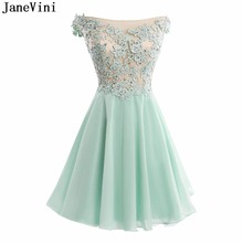 JaneVini 2018 Charming Chiffon Homecoming Dresses with Lace Applique Beaded Boat Neck Short Chiffon Bridesmaid Dress Knee-Length 2024 - buy cheap