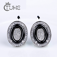 Luxury Silver Color White Stone Oval Earrings For Women Shinning CZ Ceramic U Shape Stud Earrings Jewelry Statement Jewelry Gift 2024 - buy cheap
