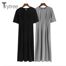 Trytree 2019 Summer Casual Dress Solid O-Neck Elastic Waist Pleated Cotton Polyester Dresses A-Line Mid-Calf Black Grey Dresses 2024 - buy cheap