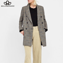 Женское двубортное пальто Bella Philosophy, винтажное теплое ретро пальто с длинным рукавом, повседневное клетчатое пальто, свободная Дамская верхняя одежда, 2019 2024 - купить недорого