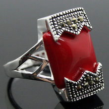 wholesale good 12*20mm FANCY RARE VINTAGE RED CORAL BELT 925  MARCASITE RING SIZE 7/8/9/10CZ Luxury Ms. girl 2024 - buy cheap