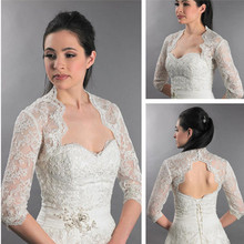 Sexy frente aberta branco marfim 3/4 mangas jaqueta de casamento rendas bolero jaqueta acessórios casaco de noiva feminino jaquetas de pano 2024 - compre barato