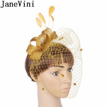 JaneVini Vintage Gold Wedding Hats And Fascinators Ladies Bridal Party Hat Feather Hair Pin Net Birdcage Veils Afrikaanse Hoed 2024 - buy cheap