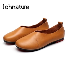 Johnature/Новинка 2020 года; сезон весна-осень; удобная обувь ручной работы из натуральной кожи в стиле ретро; однотонная обувь без застежки с круглым носком; женская обувь на плоской подошве 2024 - купить недорого