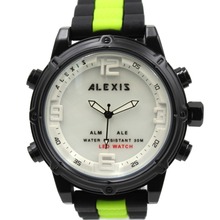 ALEXIS BRAND Mens Watches Alarm BackLight Water Resist Silicone Black with Green tone Band Analog Digital led Watch montre homme 2024 - buy cheap