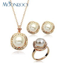 MOONROCY-Conjunto de collar y anillo de joyería de cristal con perlas de imitación para mujer, Color oro rosa, envío directo 2024 - compra barato
