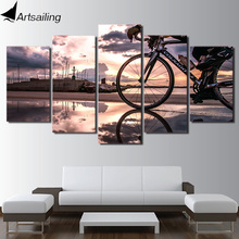 Quadros de parede de pintura modular, 5 peças, arte de lona, sol, ciclismo, impressão hd, para sala de estar, frete grátis 2024 - compre barato