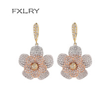 FXLRY Hot Luxury 3 Tones Gold Plating AAA Cubic Zirconia Beautiful Flower Shaped Small Drop Earrings For Womens Accessaries 2024 - buy cheap