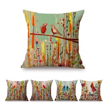 Green Grass Watercolor Colorful Floral Birds Painting Art Decoration Home Sofa Throw Pillow Case European Linen Cushion Cover 2024 - buy cheap