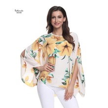 Baharcelin blusa feminina estampada grande chiffon manga morcego, camisetas largas plus size para meninas verão 2024 - compre barato