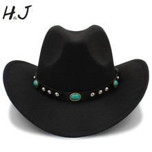 Men Wool Hollow Western Cowboy Hat Roll-up Wide Brim Gentleman Jazz Sombrero Hombre Cowgirl Cap With Punk Belt Size 56-58CM 2024 - buy cheap