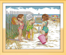 Kit de punto de cruz para bebés que juegan en la playa, decoración del hogar, lienzo, 14ct, blanco, 11ct, impresión, bordado, bricolaje, costura hecha a mano, para pared 2024 - compra barato