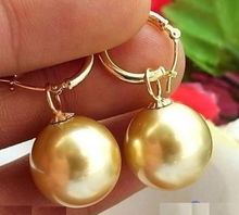 Hot selling free shipping******** HUGE 16MM GOLD ROUND AAA++ SOUTH SEA SHELL PEARL DANGLE EARRING 2024 - buy cheap
