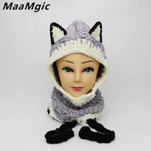 2017New Cat Fox Ear Baby Knitted Hats with Scarf Set Winter Windproof Kids Boys Girls Warm Winter Hat for Children Beanies Caps 2024 - buy cheap