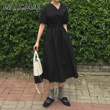 GALCAUR Summer Tunic Dress For Women V Neck Short Sleeve High Waist Solid Loose Dresses Female 2019 Fashion Casual Clothing 2024 - buy cheap