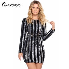 OKAYOASIS Free Shipping Hot Selling O Neck Mini Long Sleeves Dress Club Fashion Sequined Dress Sexy Club Bodycon Party Dress 2024 - buy cheap