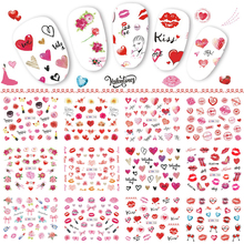 Pegatinas de uñas de San Valentín, 12 diseños, corazón, rosa, labios rojos, calcomanías de transferencia al agua, decoraciones para manicura, TRBN745-780 2024 - compra barato