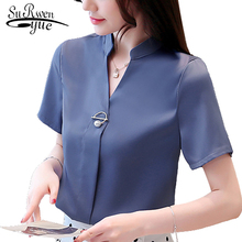 Blusas de gasa de manga corta para mujer, tops de oficina con cuello en V, color liso, 2021 50 2024 - compra barato