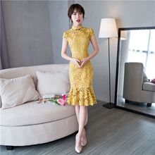 Short Style Fashion Yellow Women's Mini Cheongsam New Arrival Chinese Lace Qipao Dress Vestido Size S M L XL XXL XXXL 27533A 2024 - buy cheap