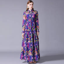 High Quality 2019 New Designer Fashion runway Long Dress Women's Long Sleeve Vintage Flower Print Ruffles Beach Maxi Dress 2024 - buy cheap