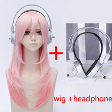 Super Sonico Supersonico 60cm Long Pink Ombre Hair Heat Resistant Cosplay Costume Wig + Toy headset Headphone Prop 2024 - buy cheap