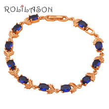 ROLILASON romantic rose pattern design navy blue crystal Zircon golden chain Bracelet Health wedding item Fashion jewelry TB663 2024 - buy cheap