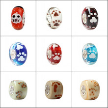 New 925 Sterling Silver Large Hole Colorful Flowers Pet Foot Prints European Charm Glass Beads Fit European Bracelet Jewelry 2024 - buy cheap