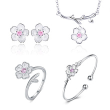 Moda conjuntos de jóias flor de cerejeira pingente colar pulseira anel flor brincos pulseira para presente da menina feminina 2024 - compre barato