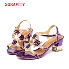 Xgravity-novo sapato de verão, sandálias femininas de salto grosso com strass, modelo elegante para mulheres 2024 - compre barato