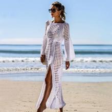 Women Cover Up Solid Hollow-Out Knit Sunscreen Beach Long Bathing Dress Summer Female Casual Clothing 2019 New Arrivals 2024 - buy cheap
