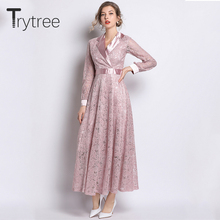 Trytree Autumn Elegant Casual Pink Dress Notched Lace Floral Polyester women dresses Ankle-Length High Street A-line Dress 2024 - buy cheap