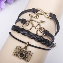 Vintage Travel Bike Charm Wax Cords Rope Braided Leather Cuff Bracelet Wrap for Men Women Bronze Heart Bangle Wristbands Jewelry 2024 - buy cheap