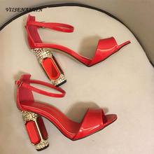 VIISENANTIN hot sexy red black shiny leather women summer sandal shoe crystal gemstone thick heel ankle strap sandalias 2024 - buy cheap