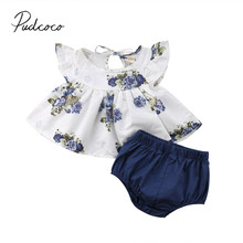 2018 Brand New Newborn Infant Baby Girl Summer 0-24M Clothes Sets Short Petal Sleeve Floral Print Belt T-Shirts Tops Blue Shorts 2024 - buy cheap