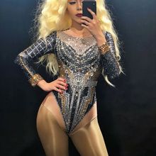 Sparkly Colorful Rhinestones Sequined Bodysuit  Women Sexy Nightclub Bar Prom Celebrity Party Outfit Stage Performance Costume 2024 - buy cheap