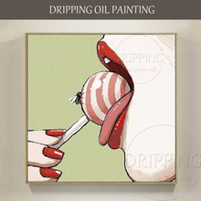 Pintura al óleo de Piruleta de alta calidad pintada a mano por artistas sobre lienzo, labios sexys y mosca divertida, pintura al óleo de piruleta 2024 - compra barato