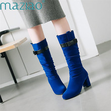 Women Boots Plus Size 31-43 Med Square Buckle Strap Heel Round Toe Knee-High Shoes Winter Boot Black Red Blue MAZIAO 2024 - buy cheap