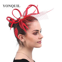 Vermelho fio de malha noiva fascinator acessórios para o cabelo fantasia pena headwear para senhoras elegantes festa jantar ocasião igreja 2024 - compre barato