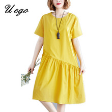 Uego Short Sleeve Loose Summer Dress Soft Cotton Linen Holiday Beach Casual Dress Patchwork 2020 Women Chic Party Midi Dress 2024 - buy cheap
