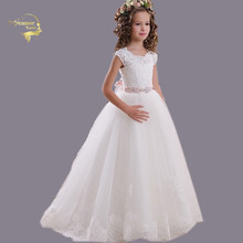 Vestidos de encaje blanco de princesa para niña, vestidos de flores con mangas, recortados, sin espalda, tren de barrido para boda, graduación, comunión, 2020 2024 - compra barato