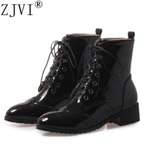 ZJVI Women Fashion Square Heels Ankle Boots Womens Autumn Winter Black Patent PU Boots Woman Cross Tied Shoes Ladies Plus Size 4 2024 - buy cheap