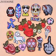 Zotoone patches bordados com caveira punk rock, patches de unicórnio, flor, esqueleto, de ferro, em coração de motociclista, adesivos de roupas, aplique e 2024 - compre barato