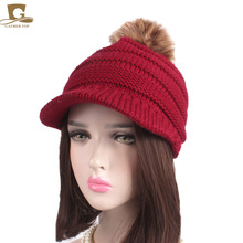 Gorro bola feminino de malha lã, chapéu com visor, quente de inverno, bonés de beisebol da moda, cor sólida, gorros casuais de malha, chapéus pom 2024 - compre barato