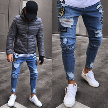 Мужские джинсы с дырками, облегающие синие джинсы в стиле хип-хоп 2024 - купить недорого