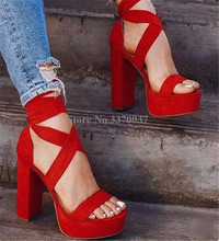Linamong Women Fashion Open Suede Leather Straps Cross High Platform Chunky Heel Sandals Lace-up Red Super High Heel Sandals 2024 - buy cheap