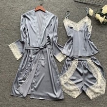 MECHCITIZ 2019 sexy femme silk pajamas sets short tops bathrobes 3 pieces lace pyjamas set summer underwear women robe pijamas 2024 - buy cheap