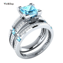 Visisap luz azul pedra casal anéis de casamento cor ouro branco anel multicolorido opcional moda jóias para dropshipping csb522 2024 - compre barato