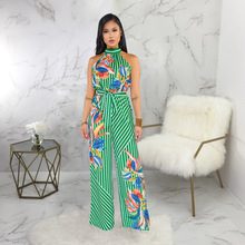 Women Stripe Flora Printed Halter Wide Leg Bodycon Jumpsuits Sleeveless  Wrap Belt Slim Fit Hot New Trends Jumpsuit 2024 - buy cheap